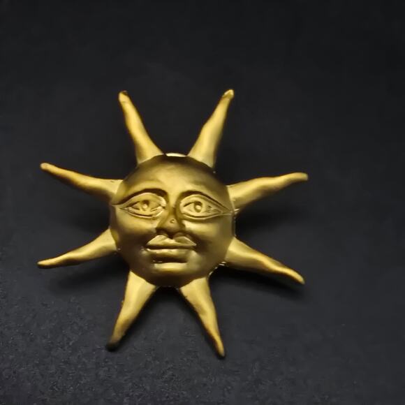 Gold Tone Celestial Sun Pin with Face 1990s Vintage Jewelry - Picture 1 of 6